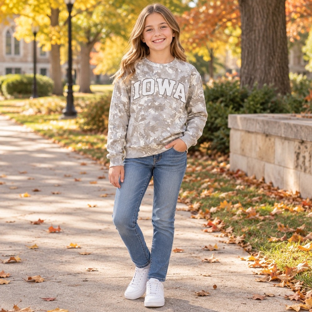 State of Mine Sweatshirt Kids L 10/12 Grey Camo NEW Iowa Hawkeyes Crew Neck